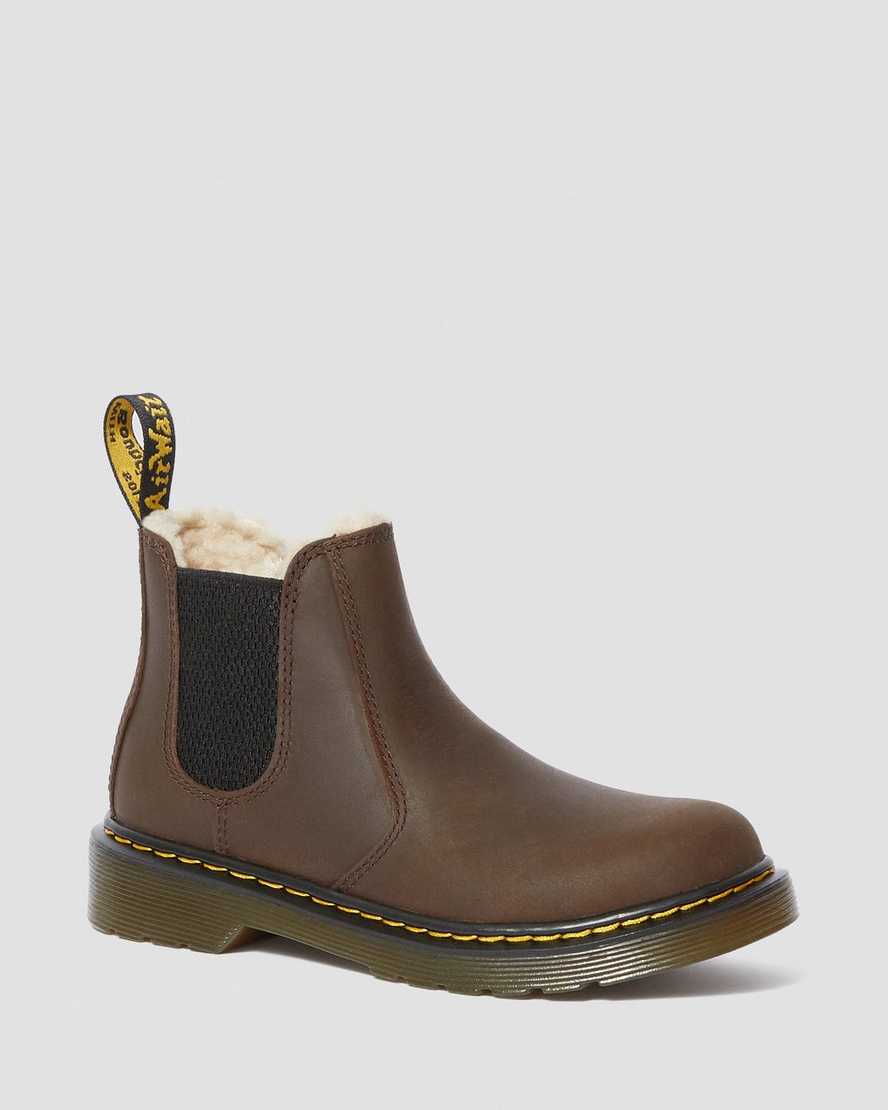 dunkelbraune dr. martens 2976 chelsea boots für kinder mit kunstfellfutter