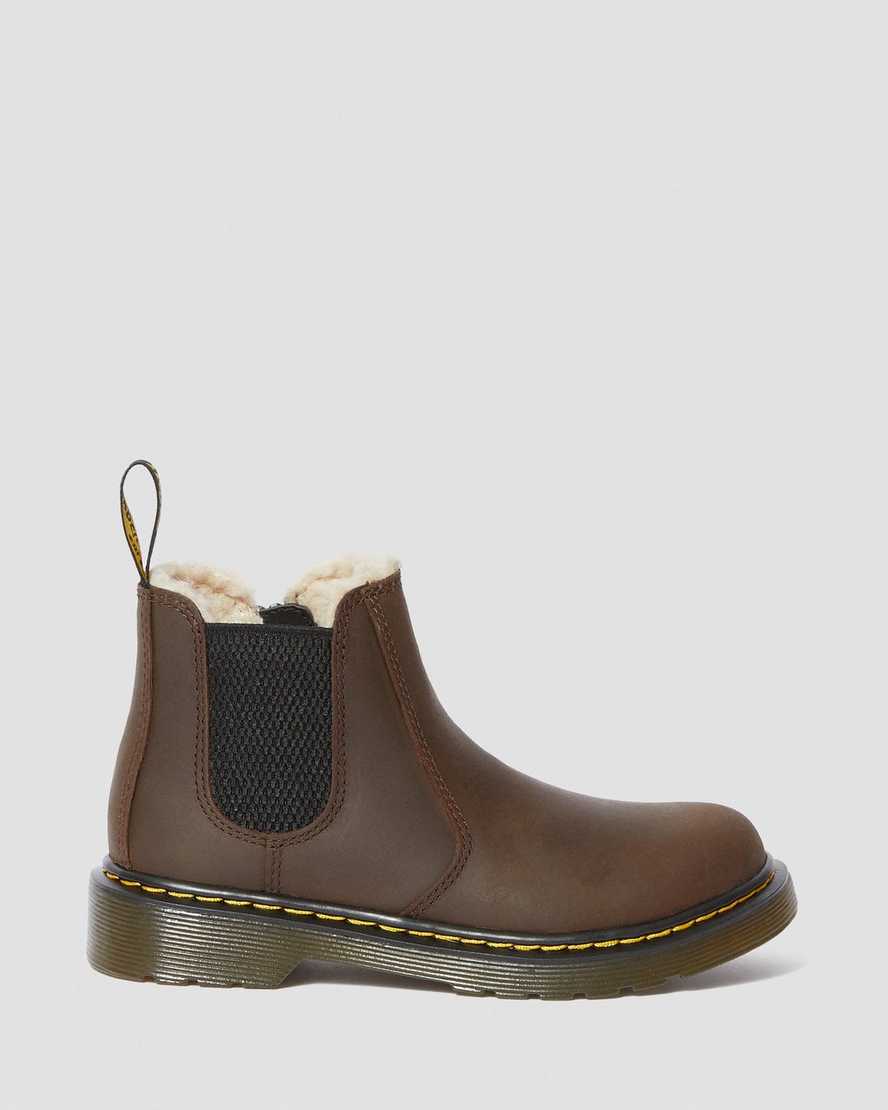 dunkelbraune dr. martens 2976 chelsea boots für kinder mit kunstfellfutter