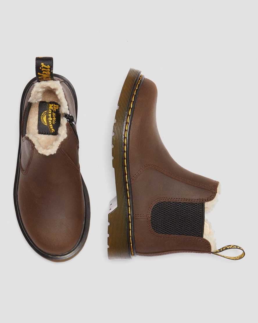 dunkelbraune dr. martens 2976 chelsea boots für kinder mit kunstfellfutter