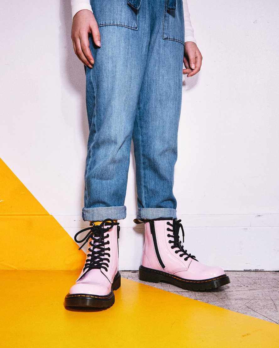 pinkfarbene dr. martens 1460 lackleder-schnürstiefel für kinder