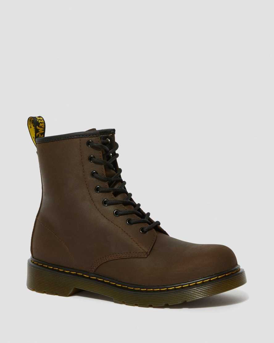 dunkelbraune dr. martens 1460 schnürstiefel für kinder mit kunstfellfutter