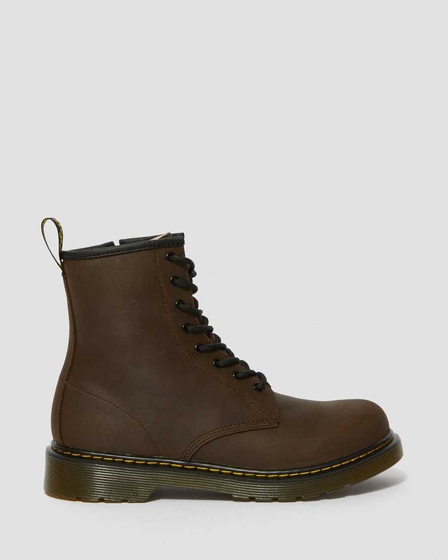 dunkelbraune dr. martens 1460 schnürstiefel für kinder mit kunstfellfutter