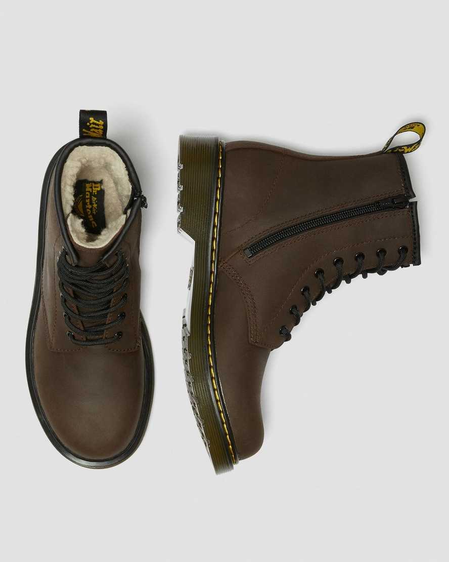 dunkelbraune dr. martens 1460 schnürstiefel für kinder mit kunstfellfutter