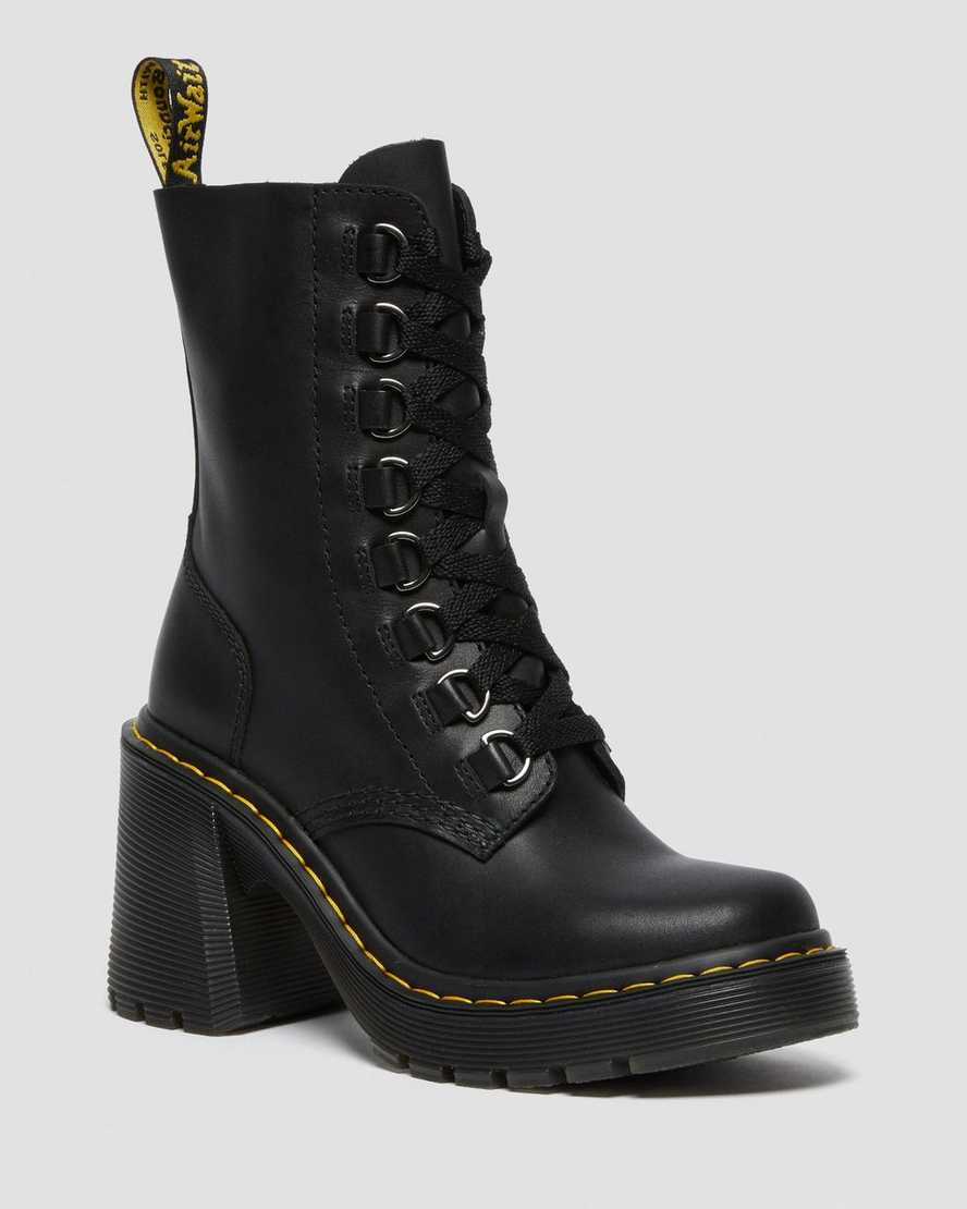 schwarze dr. martens chesney schnürstiefel mit ausgestelltem absatz für damen