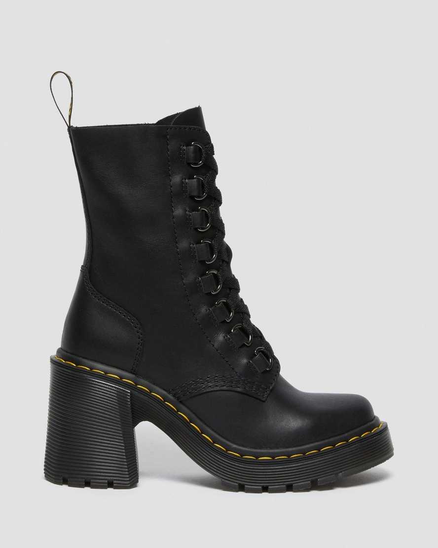 schwarze dr. martens chesney schnürstiefel mit ausgestelltem absatz für damen