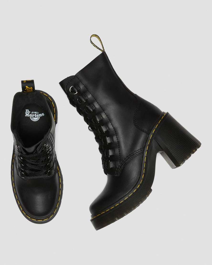 schwarze dr. martens chesney schnürstiefel mit ausgestelltem absatz für damen