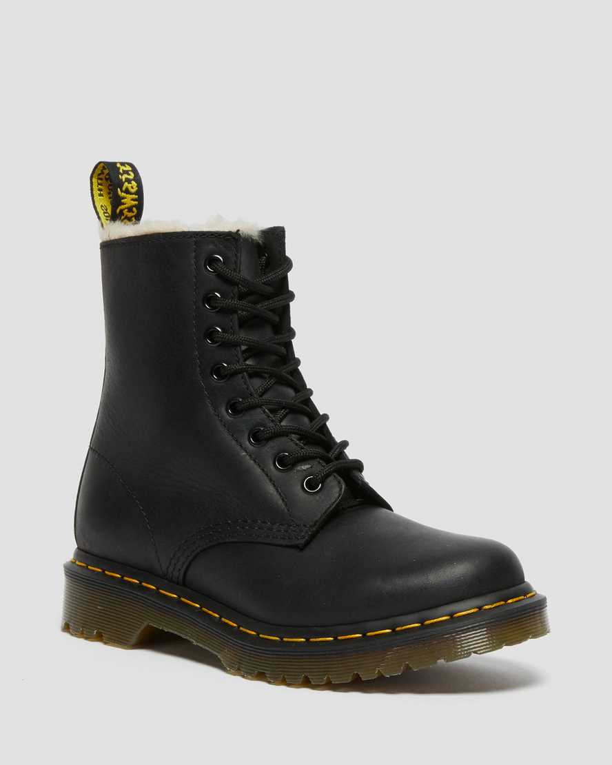 schwarze dr. martens 1460 damen-schnürstiefel mit kunstfellfutter